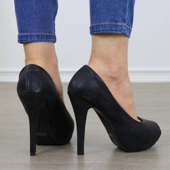 Sexy Black Metallic Peep Toe Platform High Heels - Picture 5 of 9